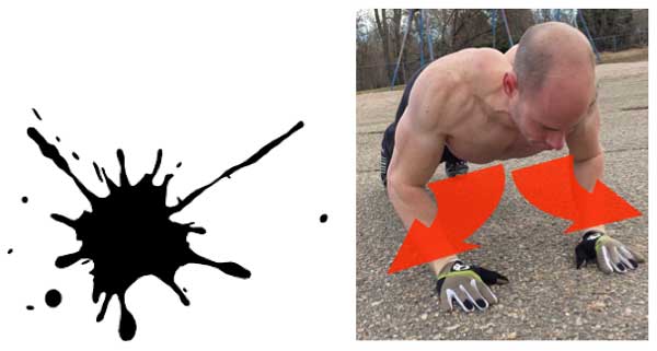 Gravity causes objects to spread out against the ground or floor. In this push up, I have to use my chest muscles to keep my elbows from spreading outwards.